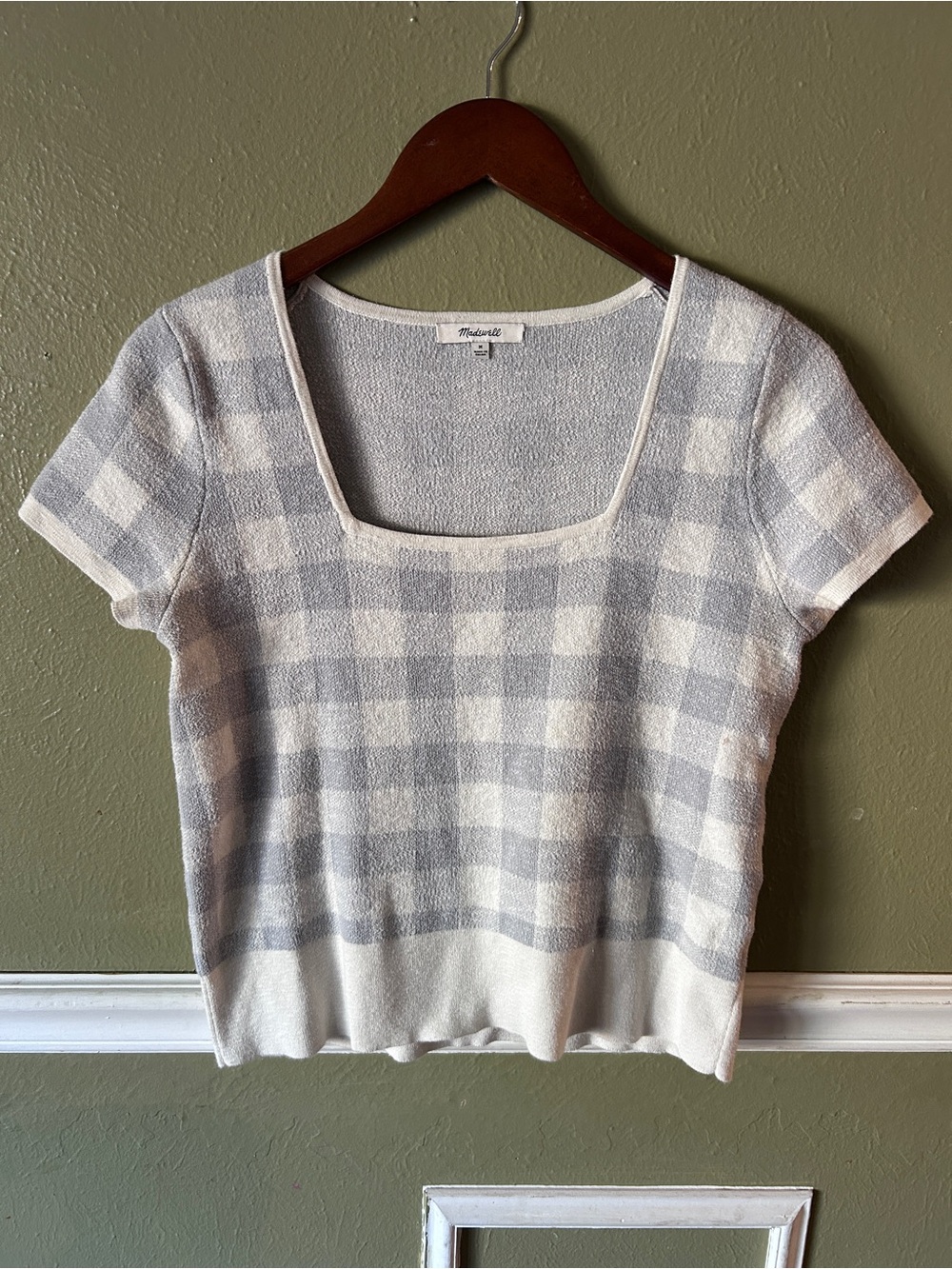 Madewell Gingham Coquette Square-Neck Short Sleeves Sweater Blue and Cream M